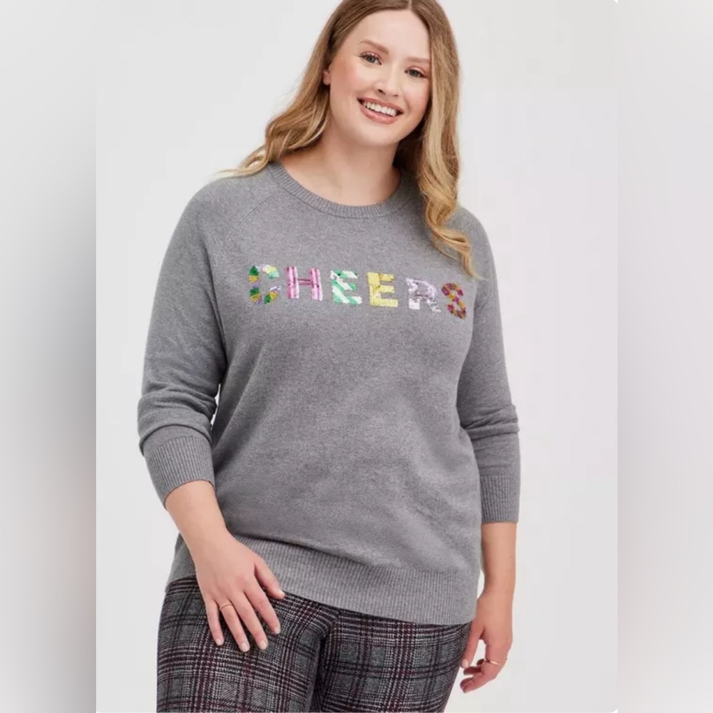 𝅺NWT Torrid size 1 Gray Sequins Christmas Holiday NYE Cheers Sweater 1X, 14/16